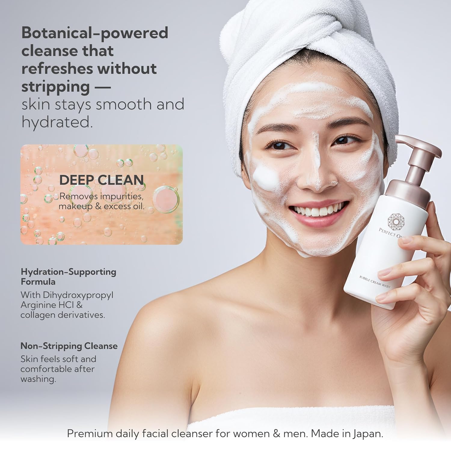 PERFECT ONE Bubble Cream Face Wash, Gentle Foaming Facial Cleanser with Ultra-Fine Microbubbles, Hydrating Facewash and Makeup Remover, Gentle Formula for All Skin Types – 7.01 fl oz
