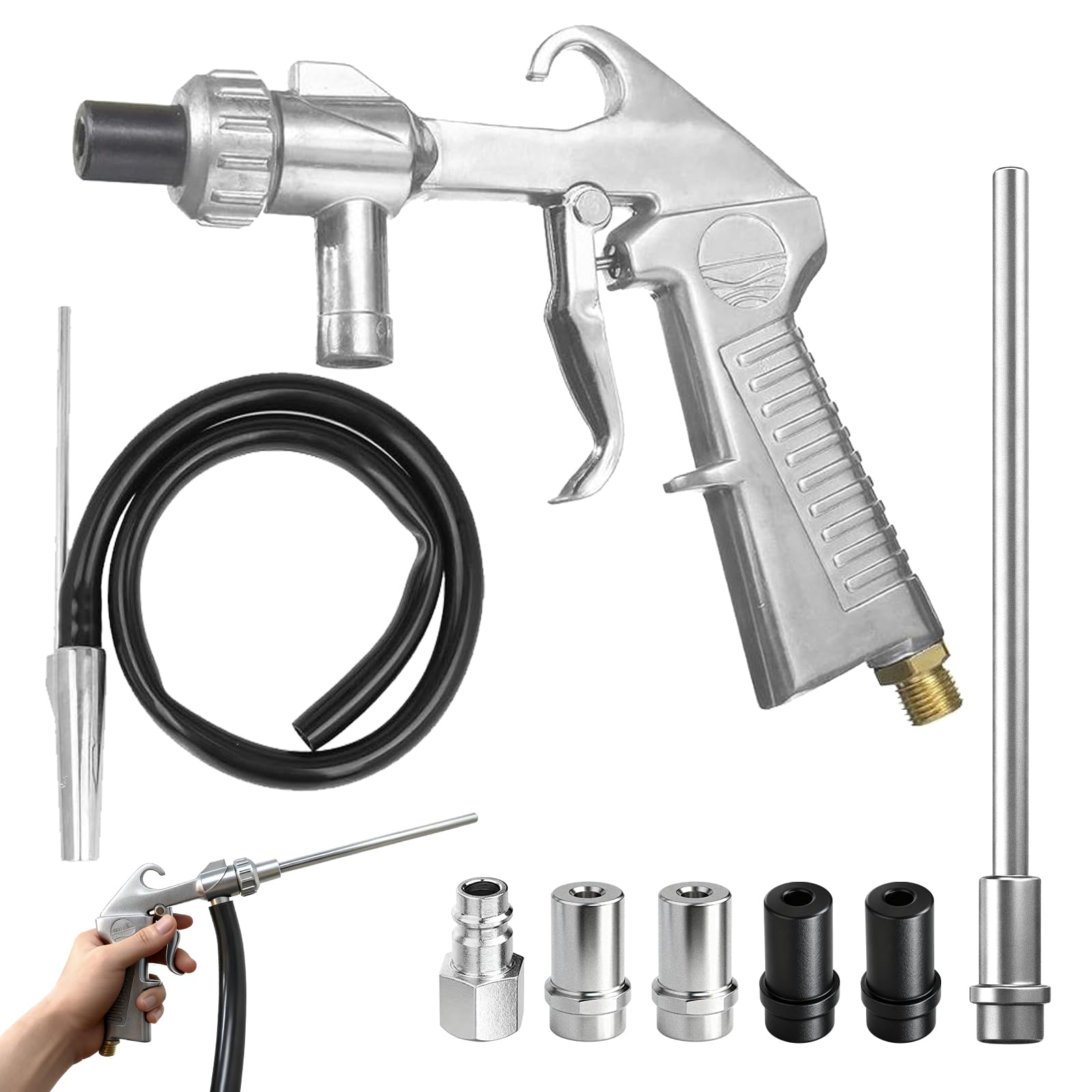 Kit de sablage à air comprimé, pistolet de sablage avec alimentation siphon de 1 m, buse de sablage en métal de calibre 5 mm à 6 mm, convient pour les appareils de sablage, les dégraissants et les