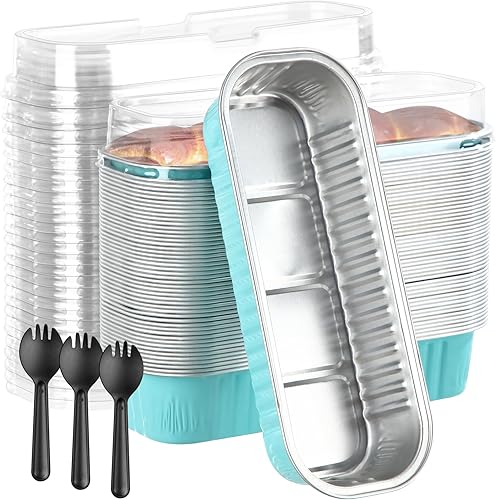 Tanlade Paquete de 100 mini moldes de papel de aluminio con tapas de 6.5 x 2.5 x 1.2 pulgadas, vasos rectangulares desechables para hornear con 100