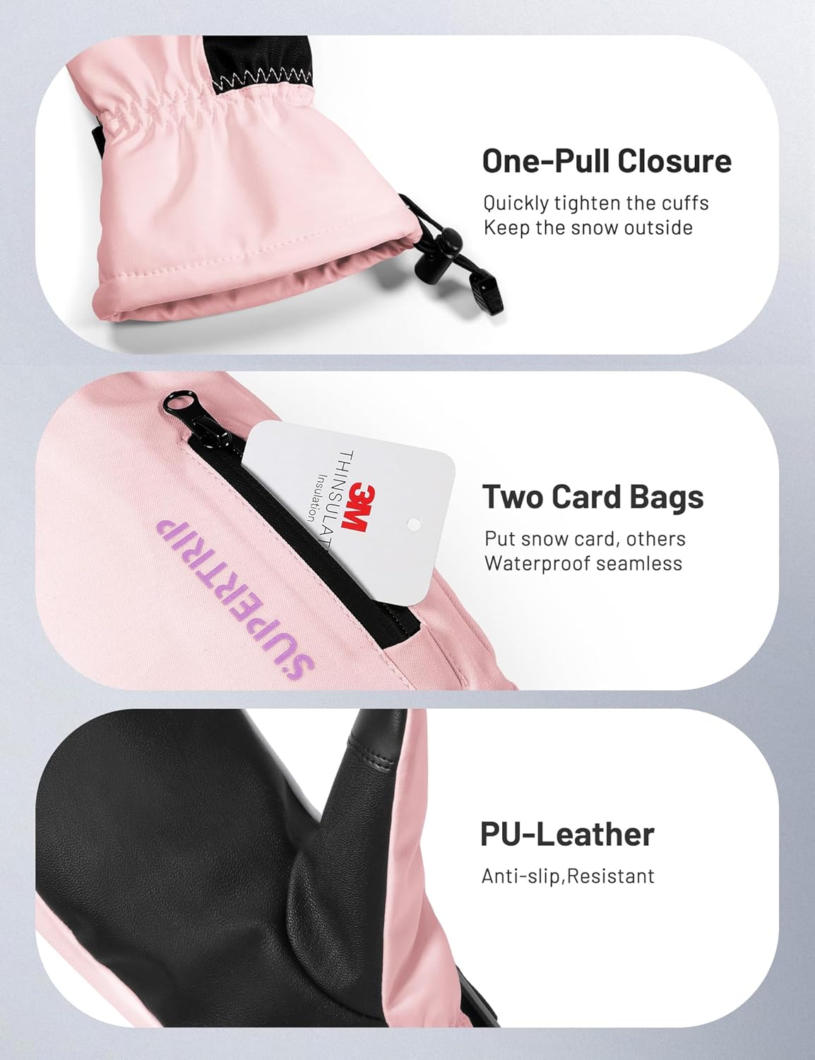 Supertrip Ski Mittens Men Women, Waterproof Snowboard Mittens Gloves Touch-Screen Anti-Slip Snow Mitts 3M Thinsulate, Warm Insulated in Cold Weather Winter - Image 3