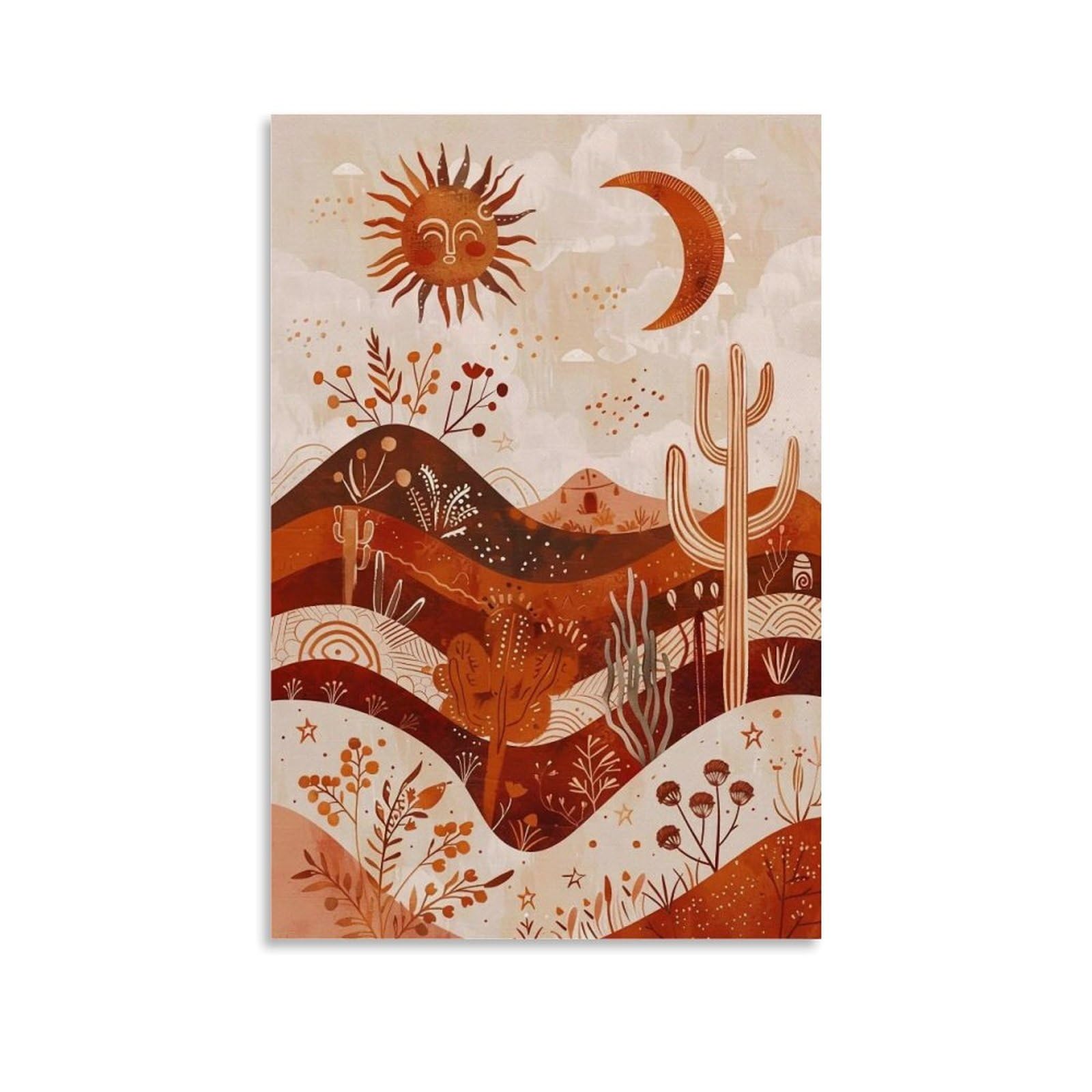 MGHTGRWE Earth Tone Folk Pattern Arid Mountain Cactus Motif 03 Poster Wall Art Canvas Vintage Aesthetic Painting Decor for Rooms 16x24inch Unframe-style