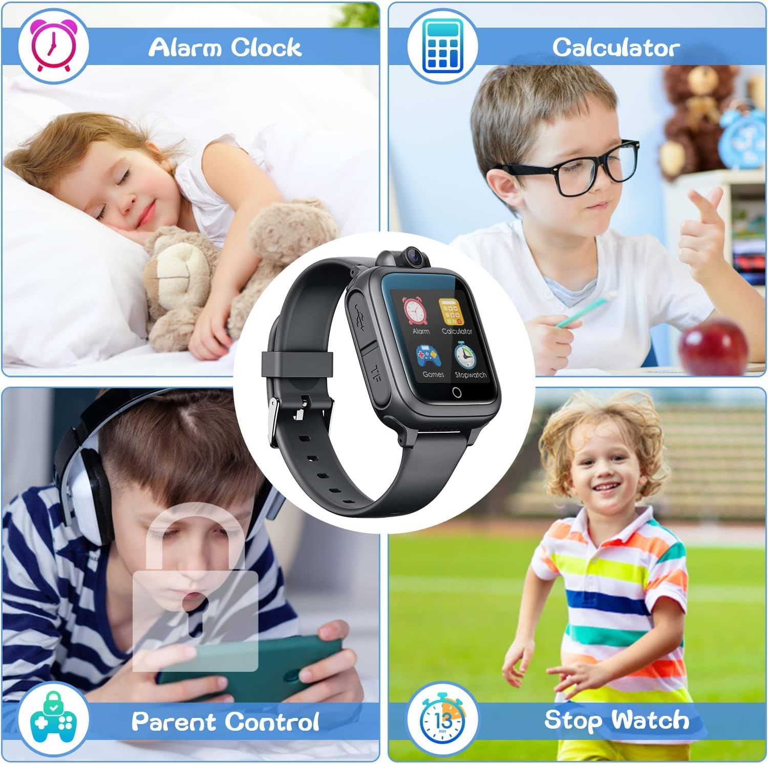 Awatty Smartwatch Kinder, Kinderuhr Jungen Mädchen, Kinderspielzeug 3 4 5 6 7 8 9 10 11 12 Jahre, Geburtstagsgeschenke, mit 90° drehbare Kamera, 14 Spiele, Musik, Wecker, Stoppuhr, Datum - Schwarz