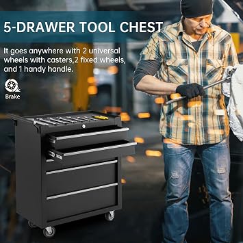 5-Drawer Rolling Tool Chest on Wheels, 24 Inch Compartment Tool Box with Drawers & Lock, Metal Tool Cart Storage Cabinet for Garage, Warehouse, Workshop, Repair Shop
