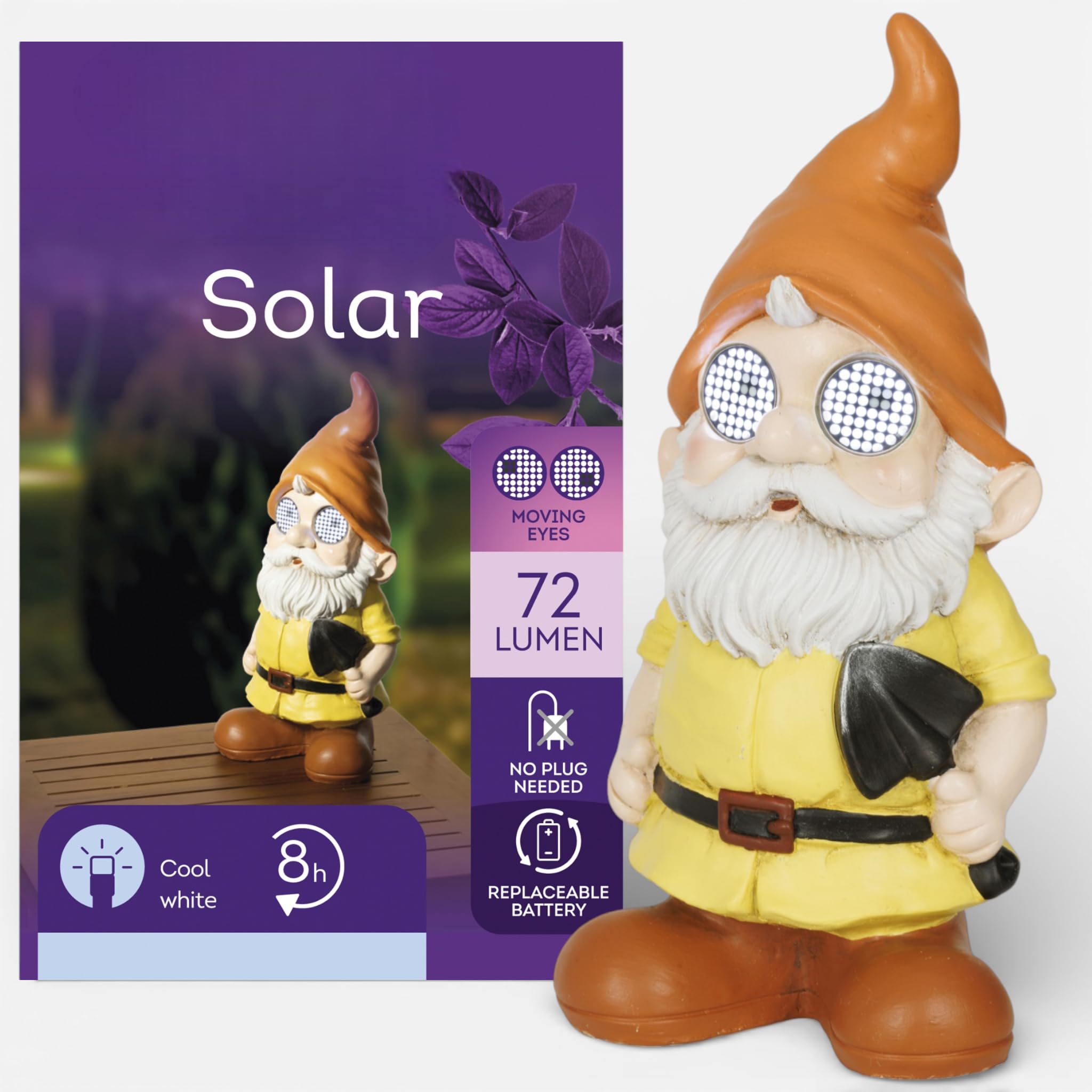 MIJOMA Solar Figure with Moving Eyes - LED Garden Figure Made of Polyresin with 8h Timer - Solar Powered Decoration for Garden Balcony Patio (Garden Gnome Classic)