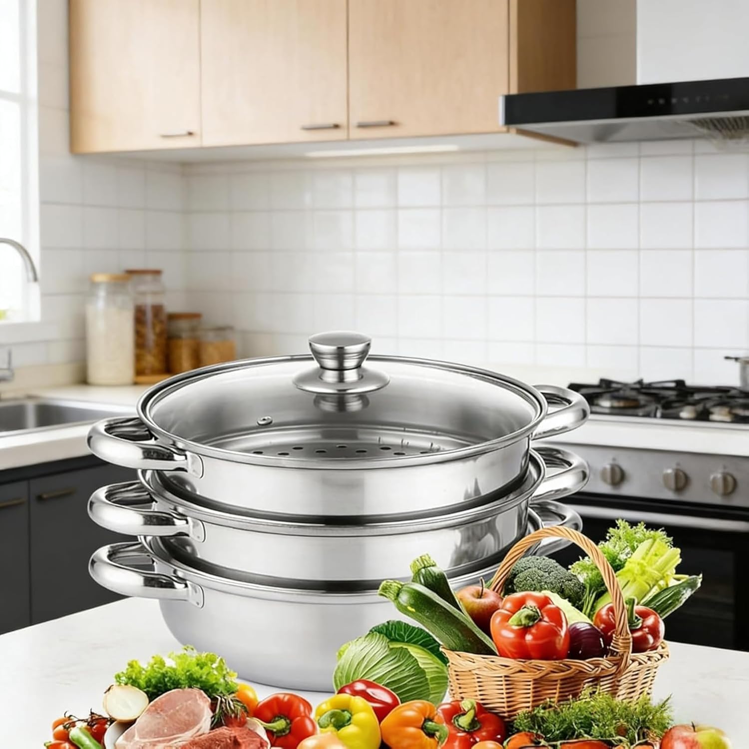 3 Tier Steamer Pot for Cooking with Lid Stainless Steel Cooker Steam for Vegetable Dumpling Stock Sauce Food for Vegetable, Dumpling, Sauce, Food (A)