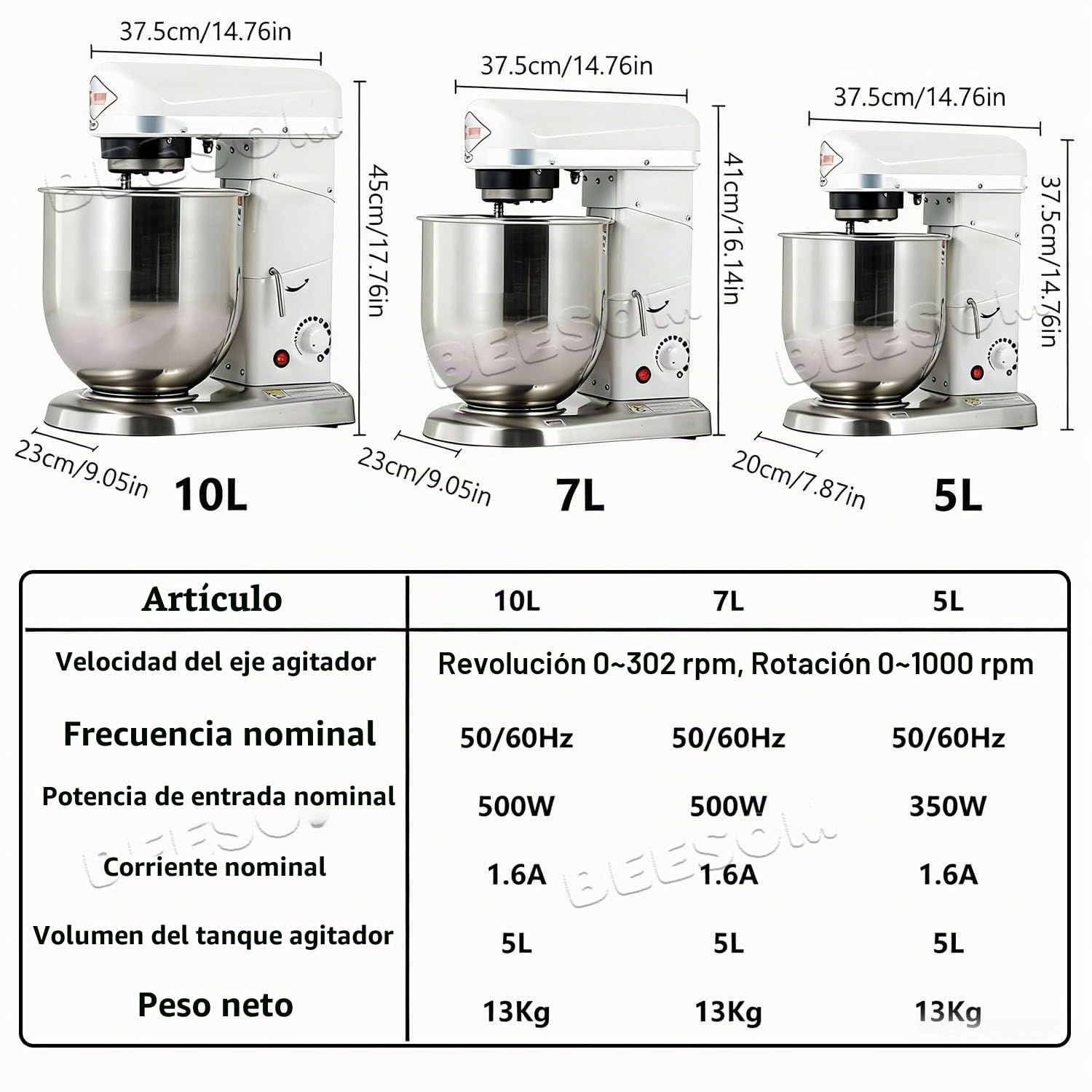 Amasadora Pan Profesional,Batidora Amasadora Profesional,10l Acero Inoxidable,3 Velocidades,500w,Gancho+batidor,para Panadería Pizzería Cocina Comercial Silver-5L