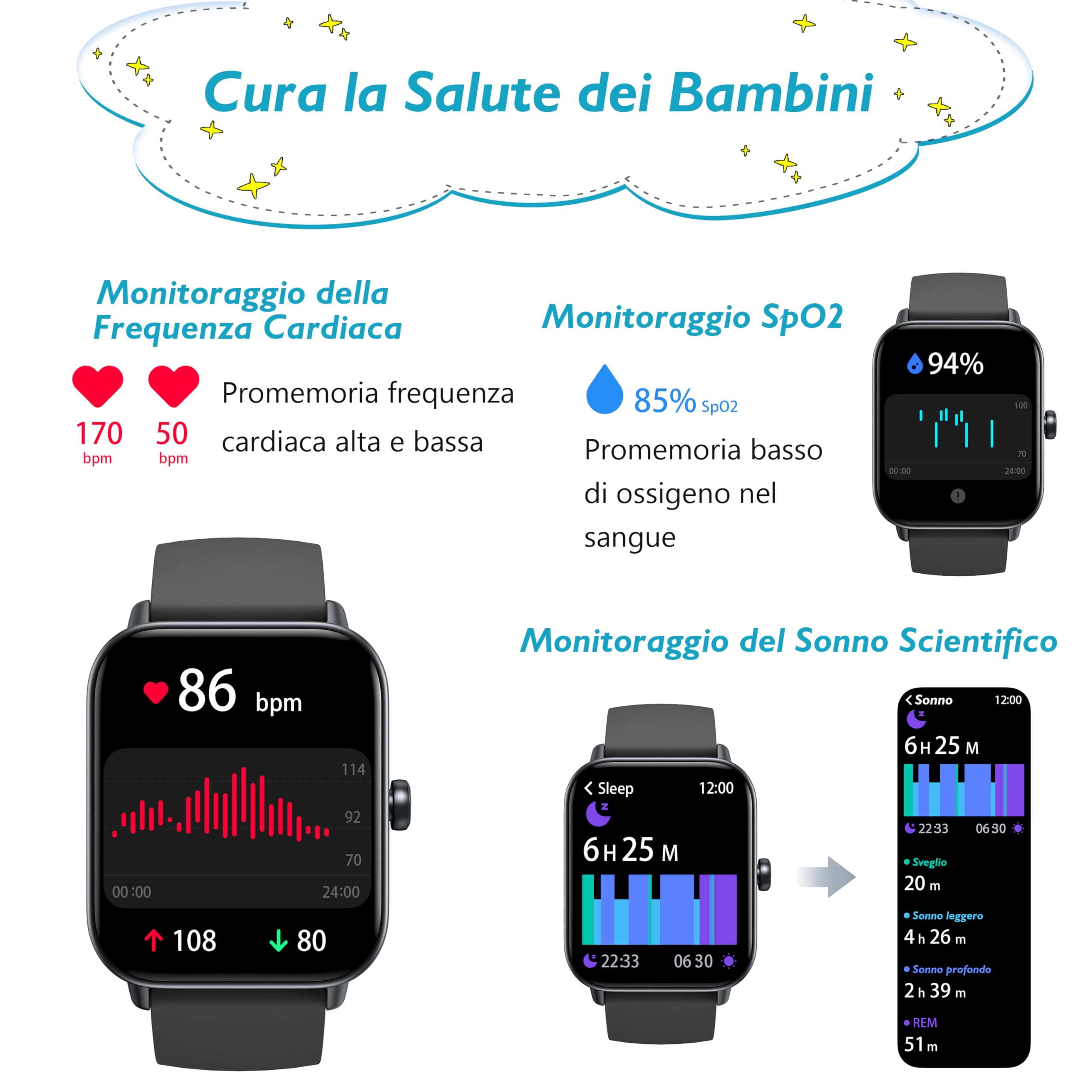 KALINCO Smartwatch per Bambini, Orologio Chiamate, Assistente Vocale, 100+ Sports, Gestione della Salute (Sonno, Frequenza Cardiaca, SpO2, Pressione), Lettore Musicale, Sveglia