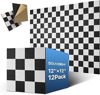 Soundsbay Soundproof Wall Panels, 12 Pack Sound Proof Foam Fanels for Walls Self-Adhesive, 12"×12"×0.4" Checker Board White+Black Decorative Acoustic Panels for Door, Ceiling, Home Office