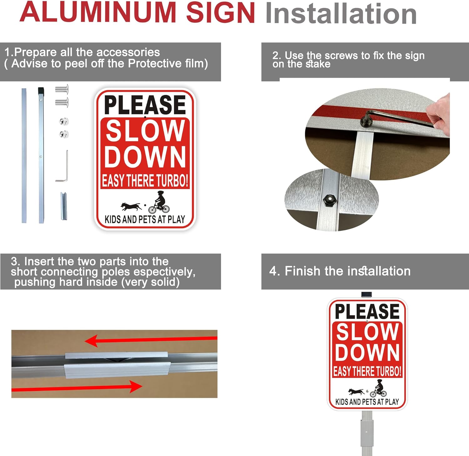 2 Pack Please Slow Down Signs, Kids and Pets at Play Safety Signs with 36-Inch Stakes, 14x10 Inches Reflective Aluminum