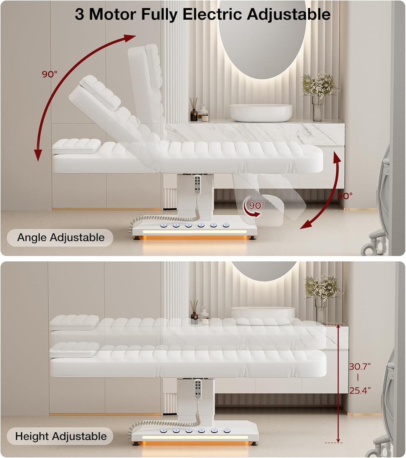 Paddie Luxury Fully Electric Spa Bed, 550lbs Esthetician Massage Table with LED Lights, Motorized Height & Angle Adjustable for Facial & Treatment, White