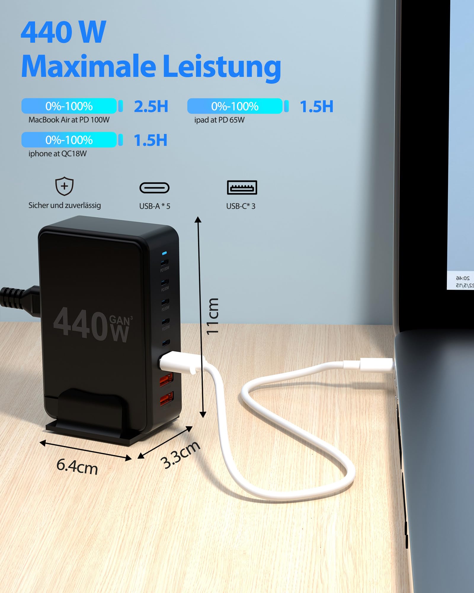Ładowarka USB C, wielokrotna: 440 W, ładowarka PD/QC 3.0, szybka ładowarka do smartfonów, laptopów, tabletów (440 W, czarna)