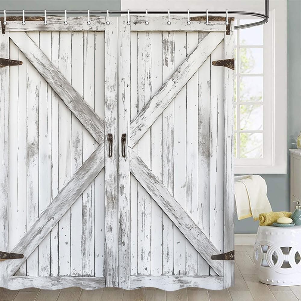 JAWO Barn Door Shower Curtain, Farmhouse Rustic Door Shower Curtain Western Texas Star Shower Curtain, Cabin Garage Door Shower Curtain Waterproof Bathroom Set with Hooks, 70X84inches, Grey