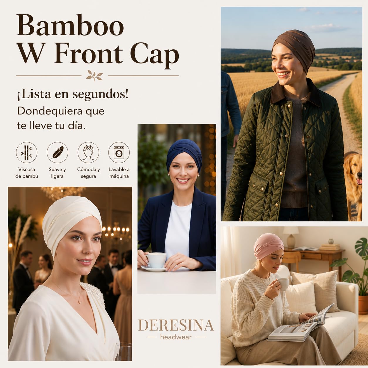 Deresina Gorro de Quimioterapia W-Front de Bambú para Mujer – Turbante Suave y Transpirable para Alopecia y Caída del Cabello