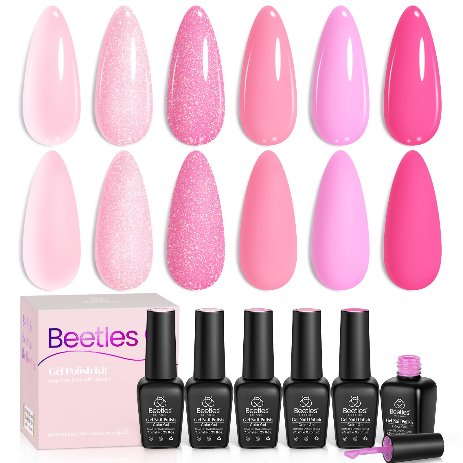 Beetles Pink Gel Nail Polish 6 Colors Hot Pink Glitter Bright Pink Jelly Pink Gel Polish Soak off Uv LED Cured