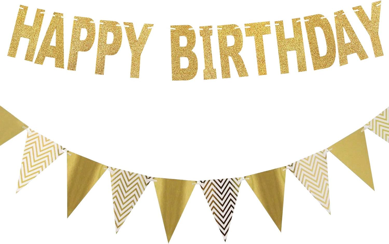 Happy Birthday Banner, Gold Glitter Pennant Banner Sparkly Triangle Flags Bunting for Birthday Decorations