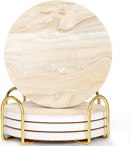 GOH DODD Juego de 4 posavasos para bebidas, de cerámica, absorbentes, estilo mármol, protección de mesa, decoración del hogar con soporte de metal