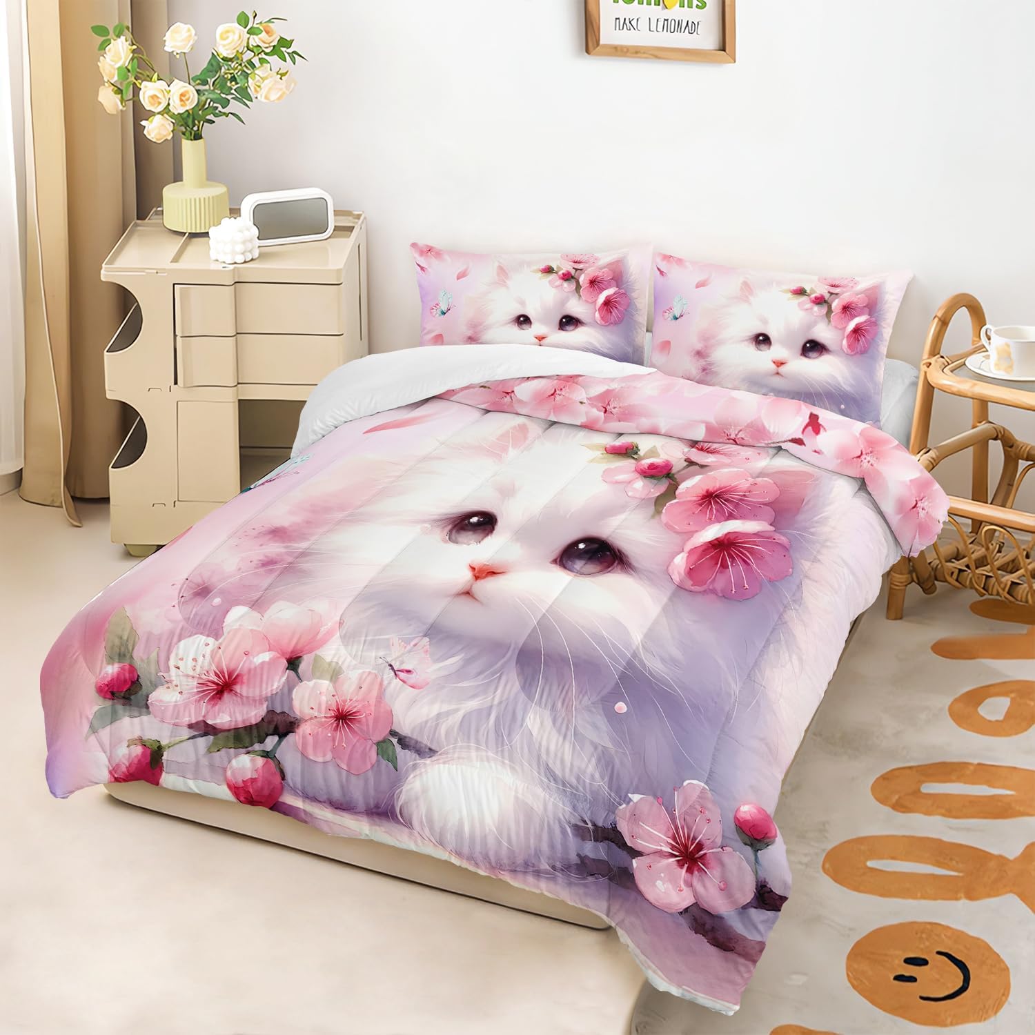 AILONEN Kids Twin Bedding Set, Pink Cherry Blossom Kitten Comforter Set for Girls, Kawaii Cat Duvet with 2 Pillowcases, 3 Piece Butterfly Soft Bedding image 2