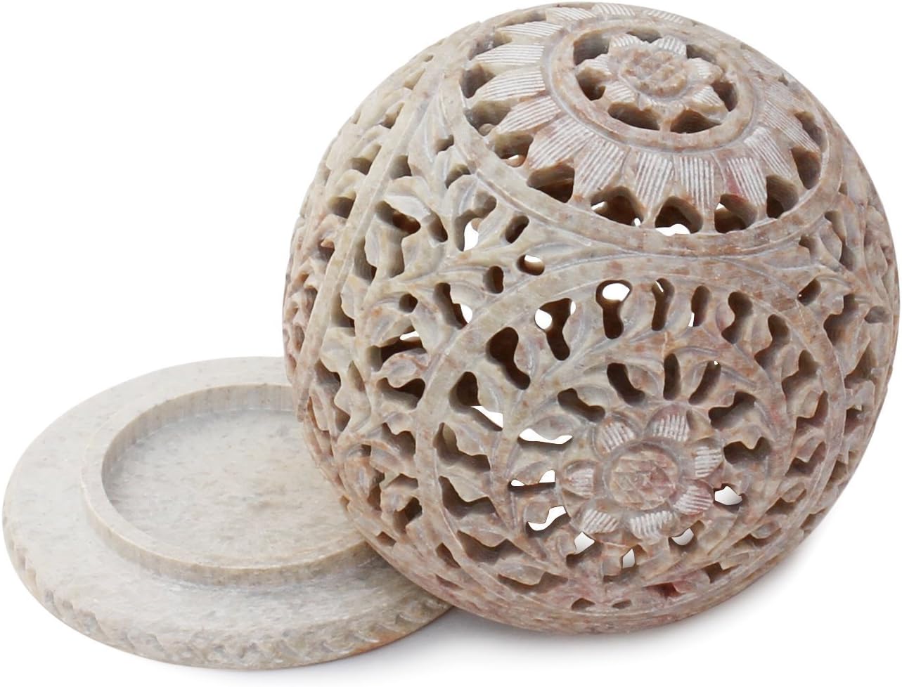 Frescorr (TM) - Soapstone Tealight Candle Holder Sphere in Gift Box ,3.5",Shaped with Intricate Tendril Openwork-Table Decorative Candle Holders for Home, Living Room & Office.