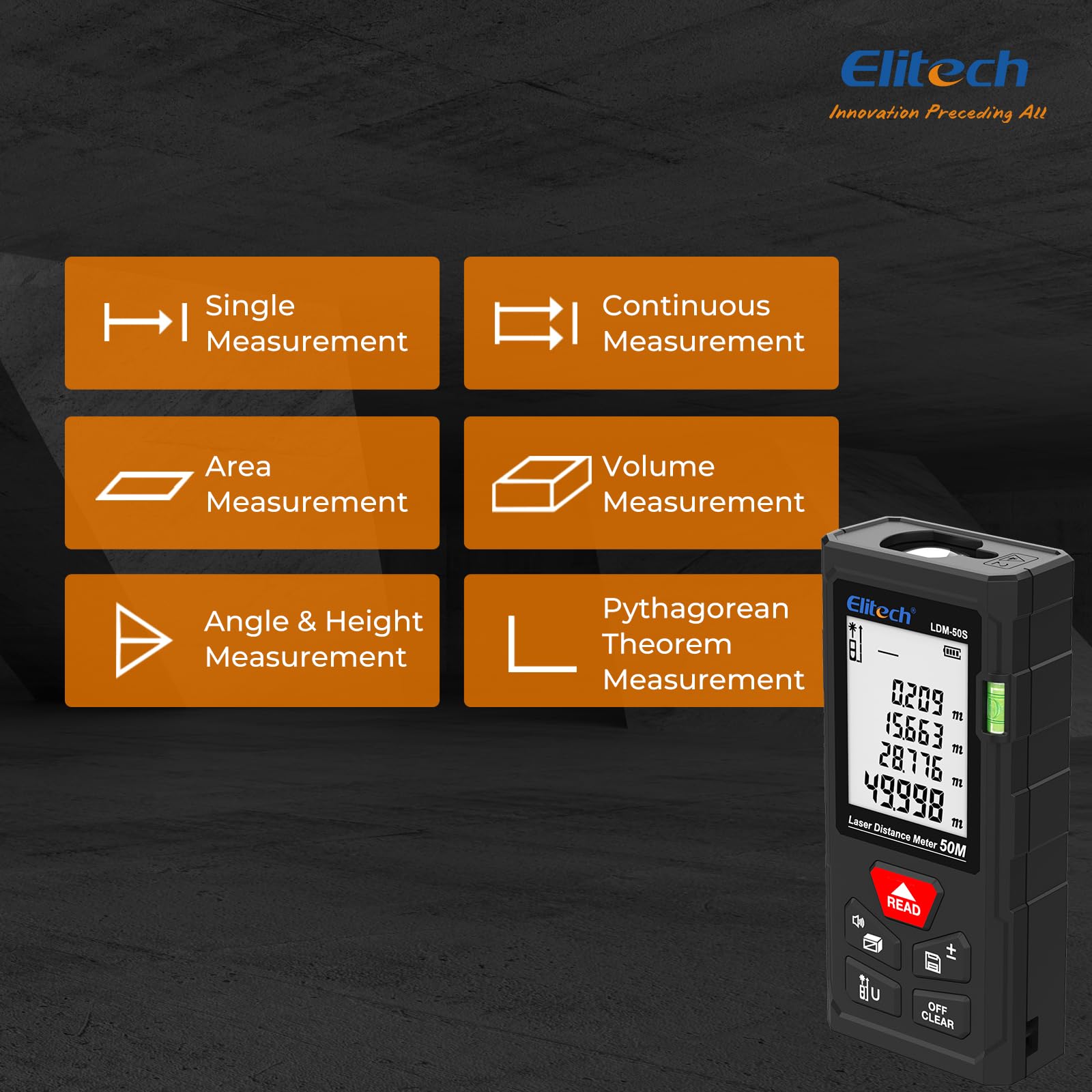 Elitech Laser Measur 50M with 1 Bubble Levels, Digital Laser Distance Meter for Measuring Distance Area Volume Pythagoras - Image 4
