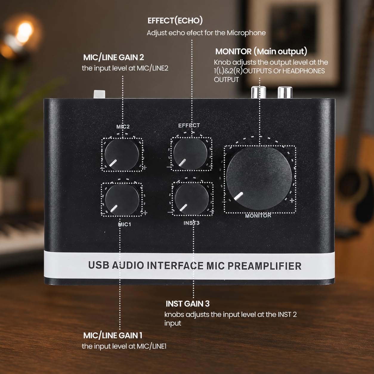 USB Audio Interface with 48V Phantom Power, XLR/TRS Inputs, USB C Recording Interface with Direct Monitor & Echo Control, 48kHz Audio Interface for PC Mac iOS, Guitar, Mic, Podcast