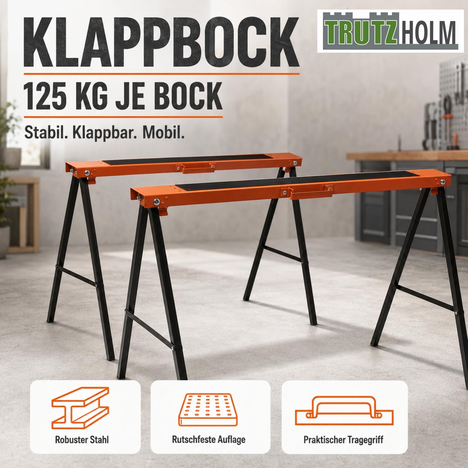 2x TRUTZHOLM Klappbock 250 kg Traglast Gerüstbock Unterstellbock Stützbock Klappböcke aus Stahl