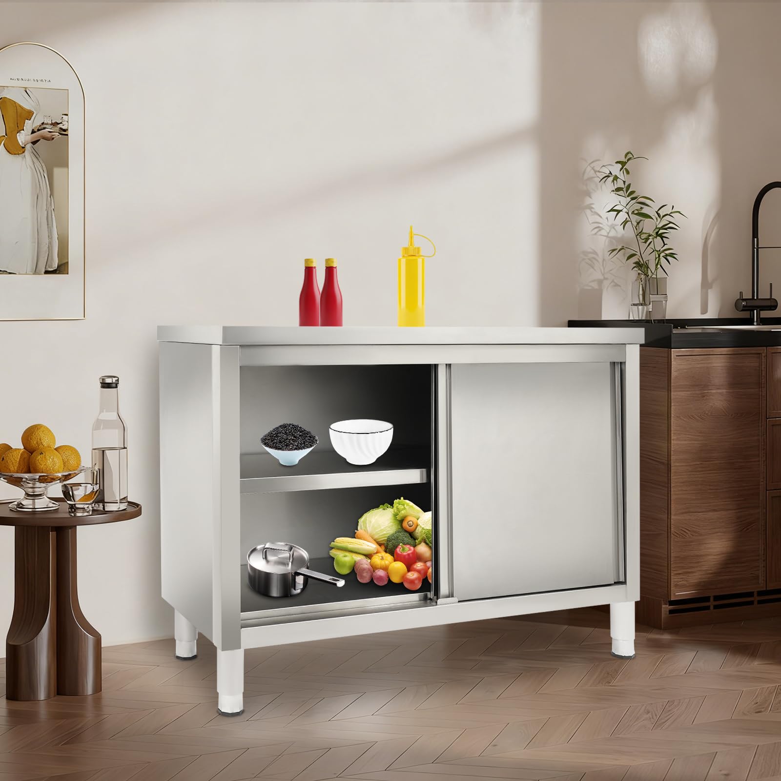 armario de trabajo con puertas correderas, mesa de trabajo de acero inoxidable, gabinete de trabajo de cocina, gabinete de acero inoxidable independiente, mesa de acero inoxidable para cocina