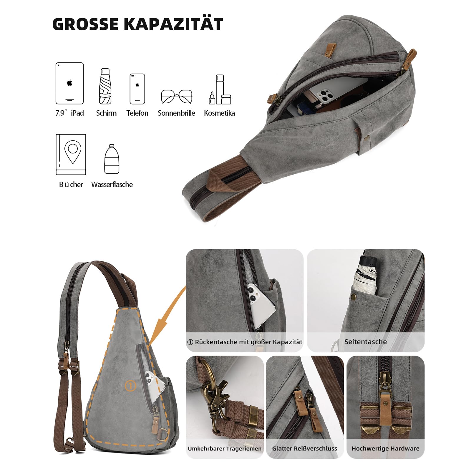 KL928 Casual PU Vintage Rucksäcke, Echtleder Retro Segeltuch Rucksack Daypack Crossbody Shoulder Schulterrucksack für Herren und Damen, Dunkelgrau