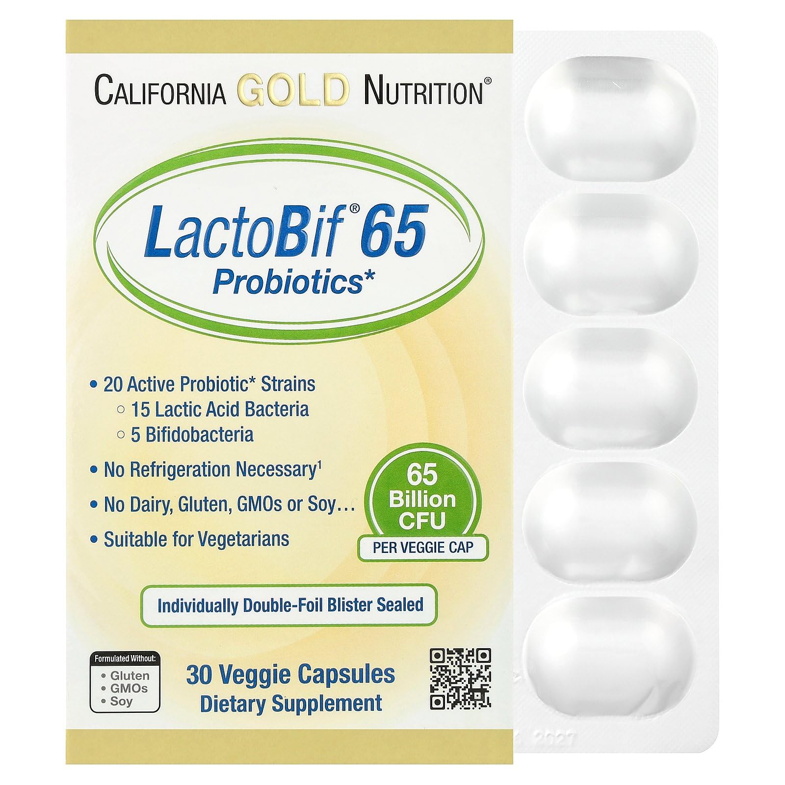 LactoBif® 65 Probiotics, 30 Veggie Capsules, California Gold Nutrition