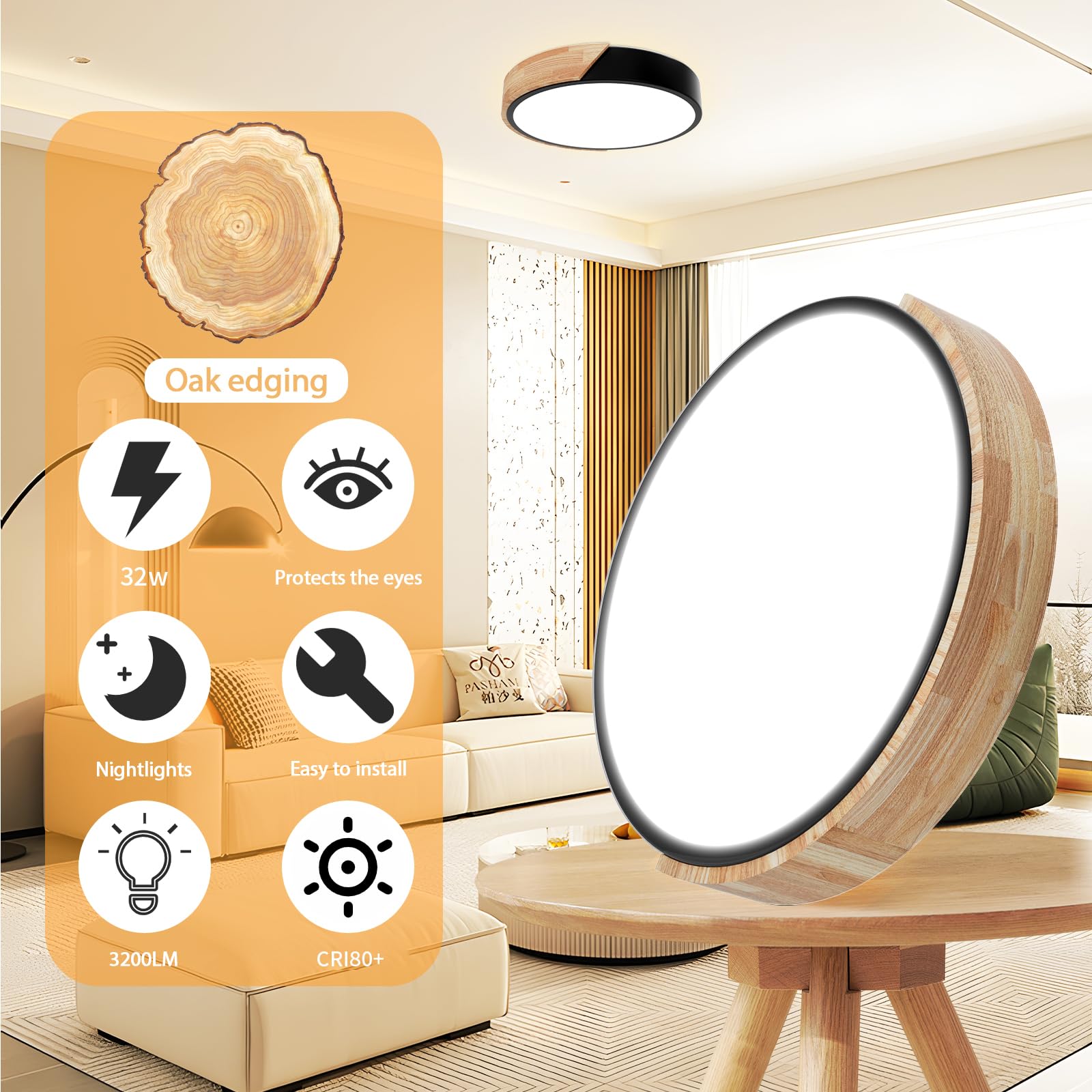 Yexati Plafoniera LED Dimmerabile 3000K-6000K,32w Plafoniera Led Soffitto Moderna in Legno,Plafoniere Telecomando&Smart App,Adatto a Soggiorno,Camera da letto, Cucina, Nero