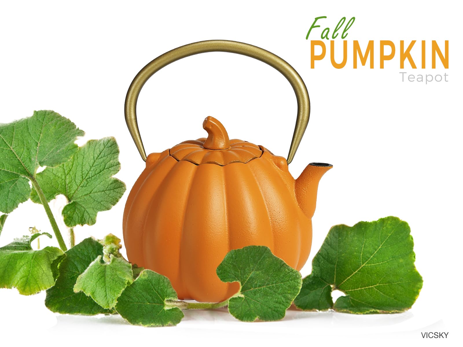 VICSKY Tetera de hierro fundido de calabaza naranja, color calabaza natural, hervidor de té japonés de hierro fundido seguro para estufa con infusor, tetera creativa de calabaza de Halloween (40
