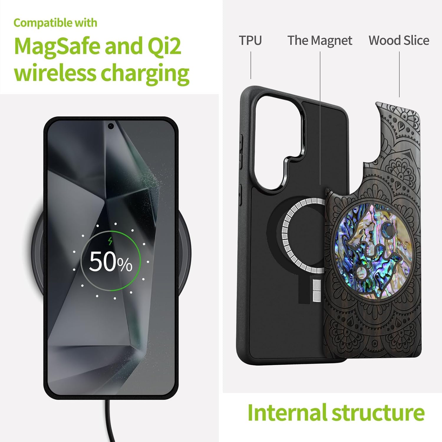 Carveit Magnetic Wooden Case for Samsung Galaxy S26 Ultra Case, Wood Artisan Engraved & Handmade Shell Inlaid, Compatible with MagSafe Wireless Chargers (Shell Yin Yang Wolf) Blackwood