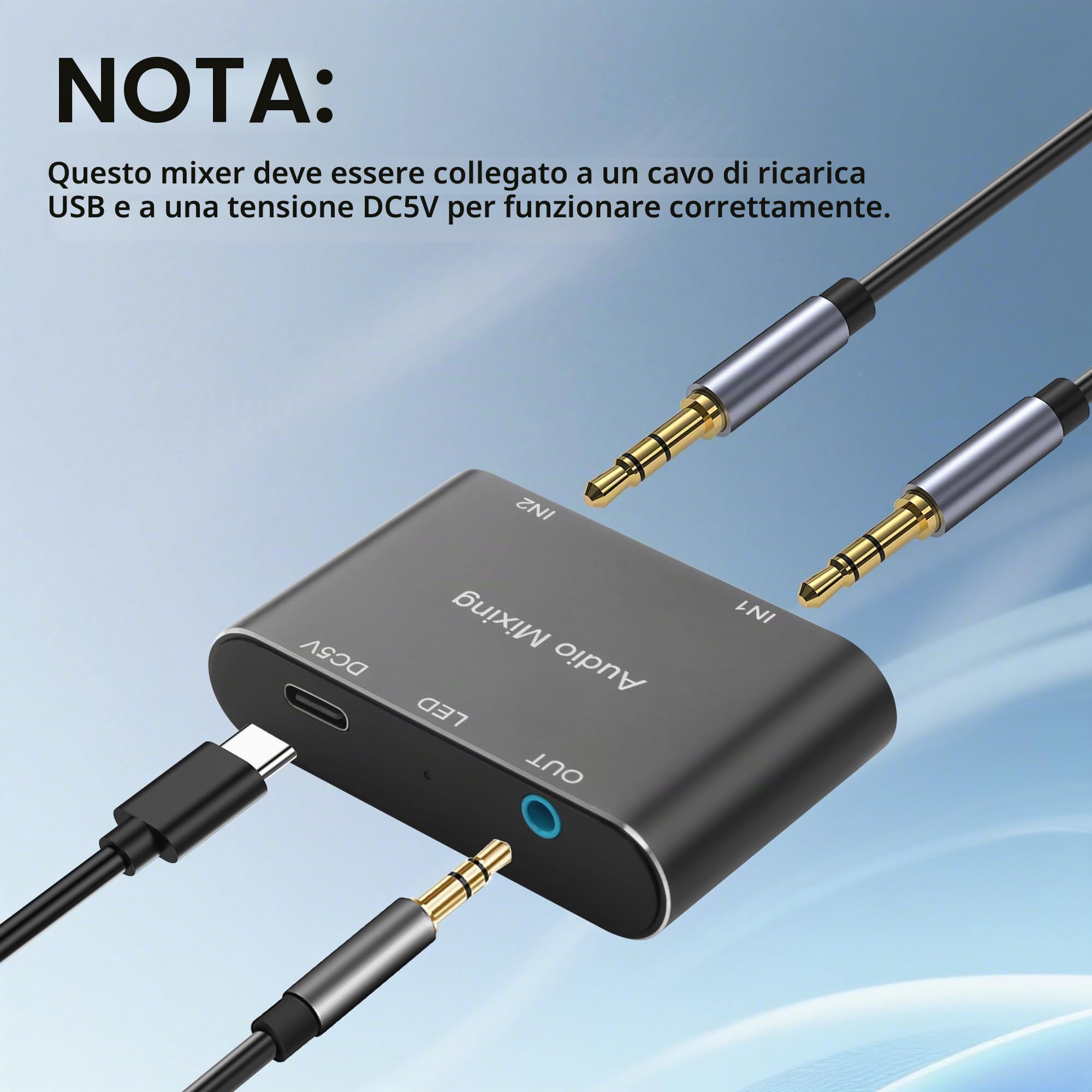 GINTOOYUN Mixer audio stereo da 3,5 mm 2 in 1 out mini mixer audio stereo da 3,5 mm con cavo di ricarica USB da 1,64 m per laptop, telefoni, cuffie, altoparlanti, ecc