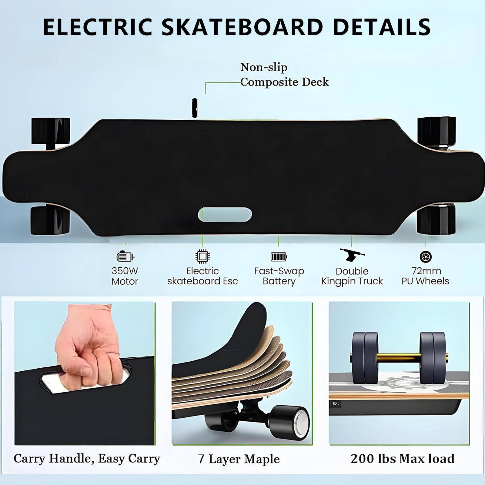 Patineta EléCtrica Longboard Todoterreno De 350 W - Control Remoto con Ajuste De 4 Velocidades, Pantalla De Potencia, Ideal para Exploradores Al Aire Libre 15km