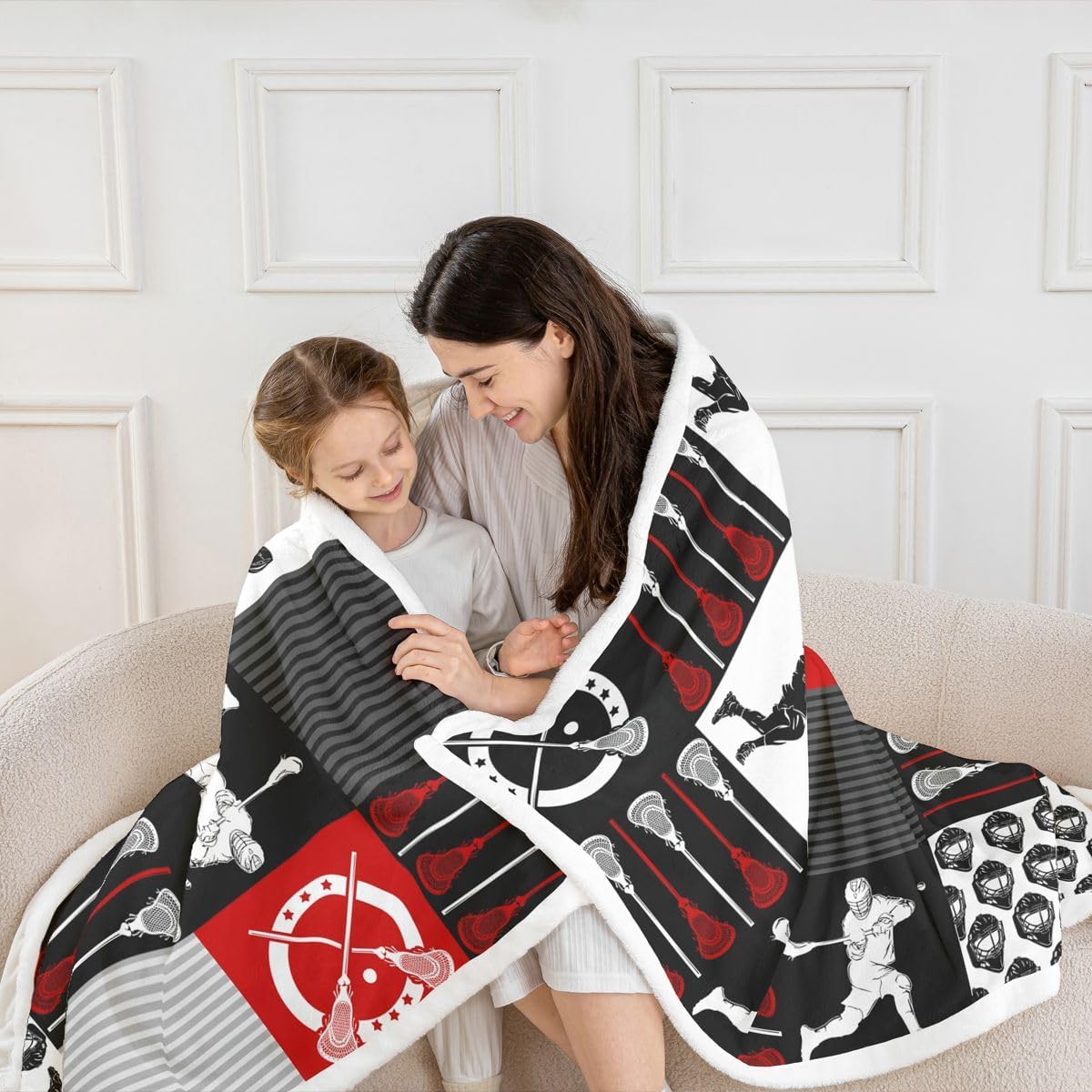 jejeloiu Lacrosse Flannel Fleece Throw Blanket for Sofa Couch Sports Game Sherpa Blanket All Season Twin 60"x80" Sports Theme Fuzzy Blanket Buffalo Check Plaid Plush Blanket Red