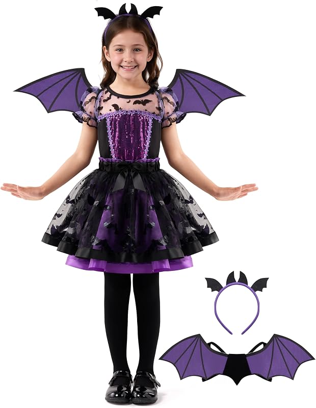 Spooktacular Creations Disfraz de tutú de murciélago morado para niña de Halloween, disfraz de vampiro de murciélago para niños, fiesta de disfraces de Halloween