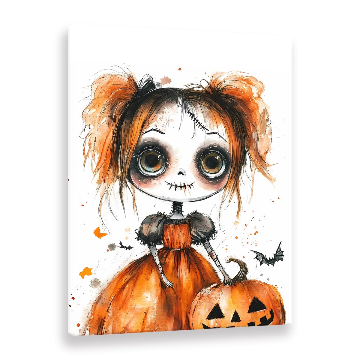 Peinture murale poupée Halloween aquarelle sur toile grand format