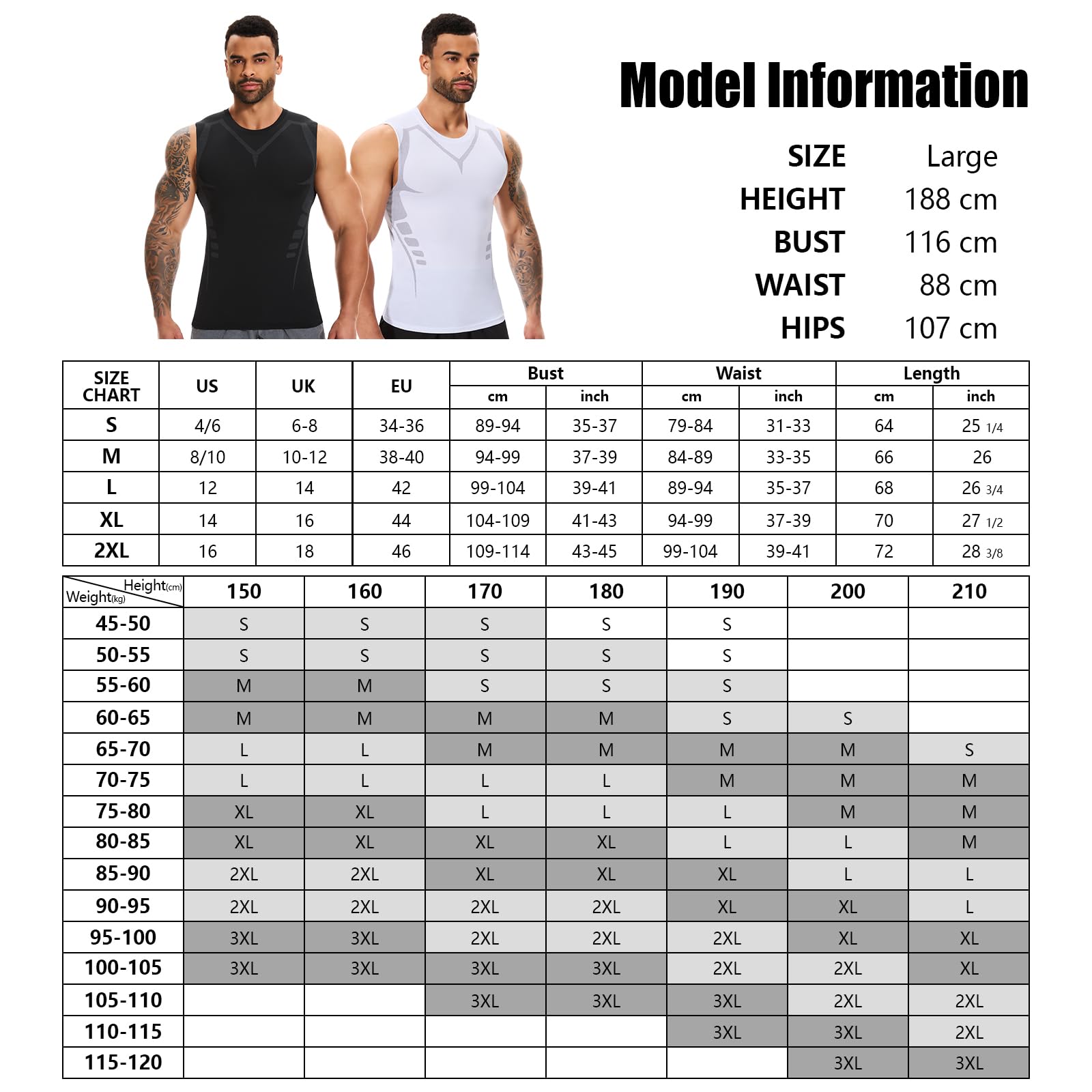 SLIMBELLE Pack de 2 camisetas de compresión para hombre, sin mangas, con cuello redondo