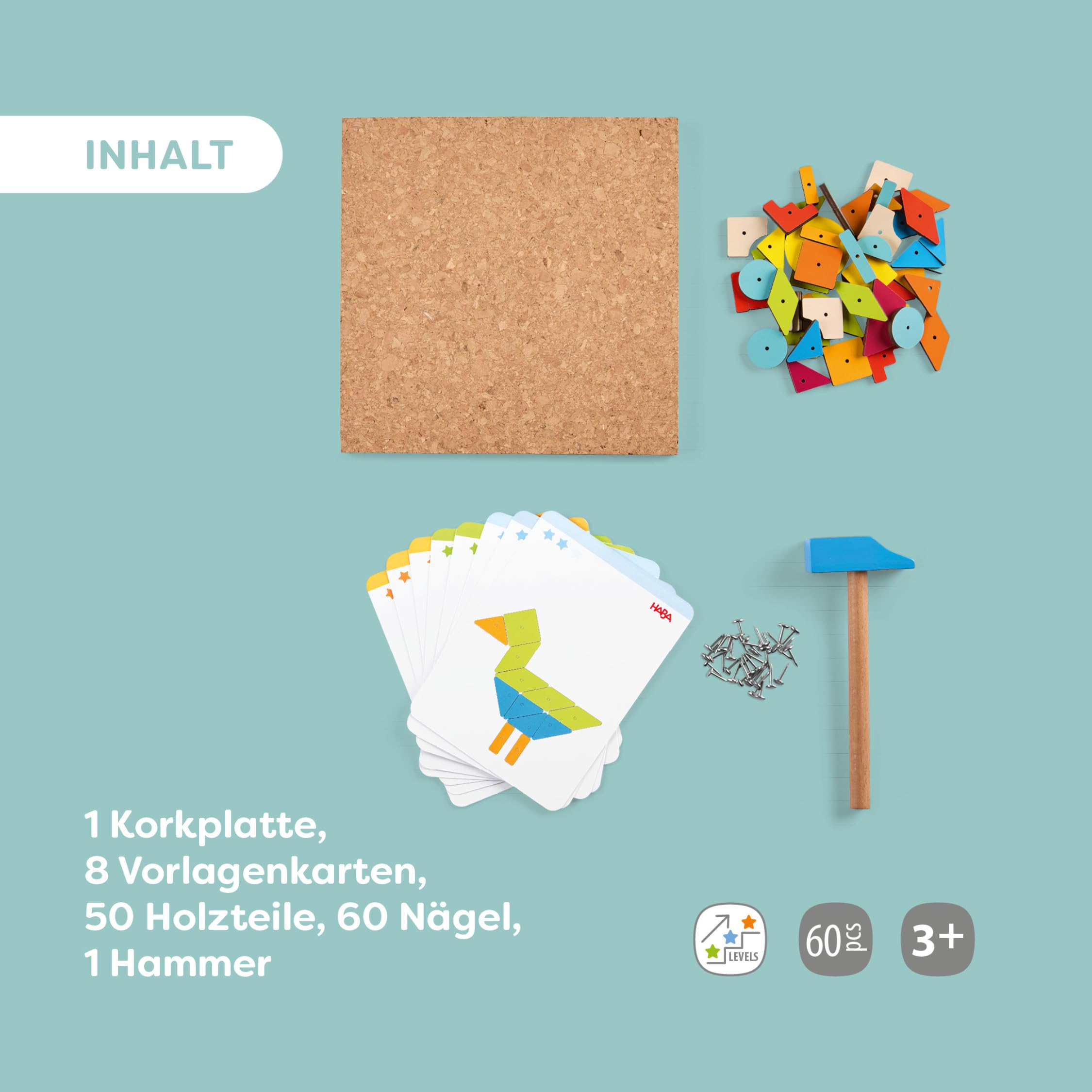 HABA Hammer-Nagelspiel: Geo-Formen – Holzspielzeug mit Hammer und Nägel für Kinder ab 3 Jahren – Kreativspielzeug mit Korkplatte & Vorlagen – 2013791001