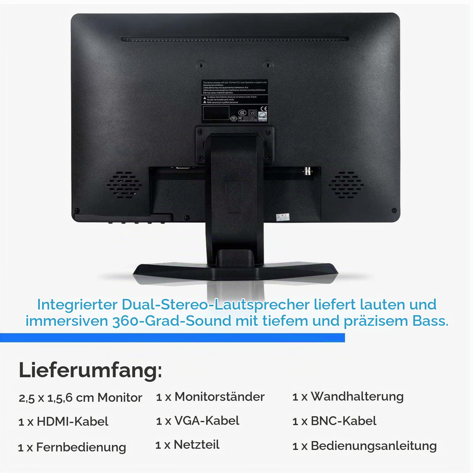 JaiHo 15.6 Zoll Monitor 16:9, CCTV Überwachungsmonitor Metallgehäuse, 1080P Full HD LCD Bildschirm mit BNC HDMI VGA AV USB, Industrie PC Display für Kasse Server, Inklusive Wandhalterung
