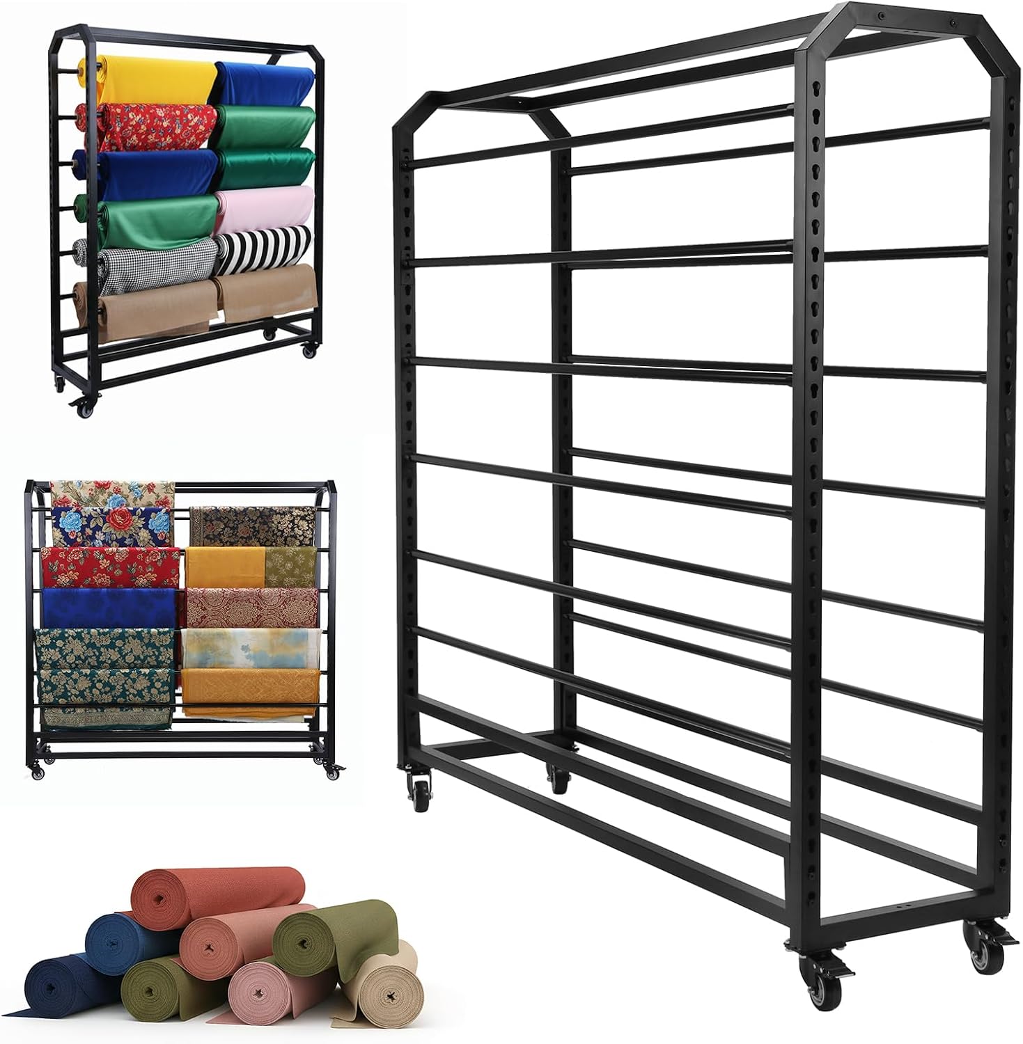 12 Rod Commercial Fabric Roll Storage Rack, Double Side Commercial Fabric Roll Storage Rack with Wheels, Textile Organizer Holder for Leather Curtain Studio Wallpaper