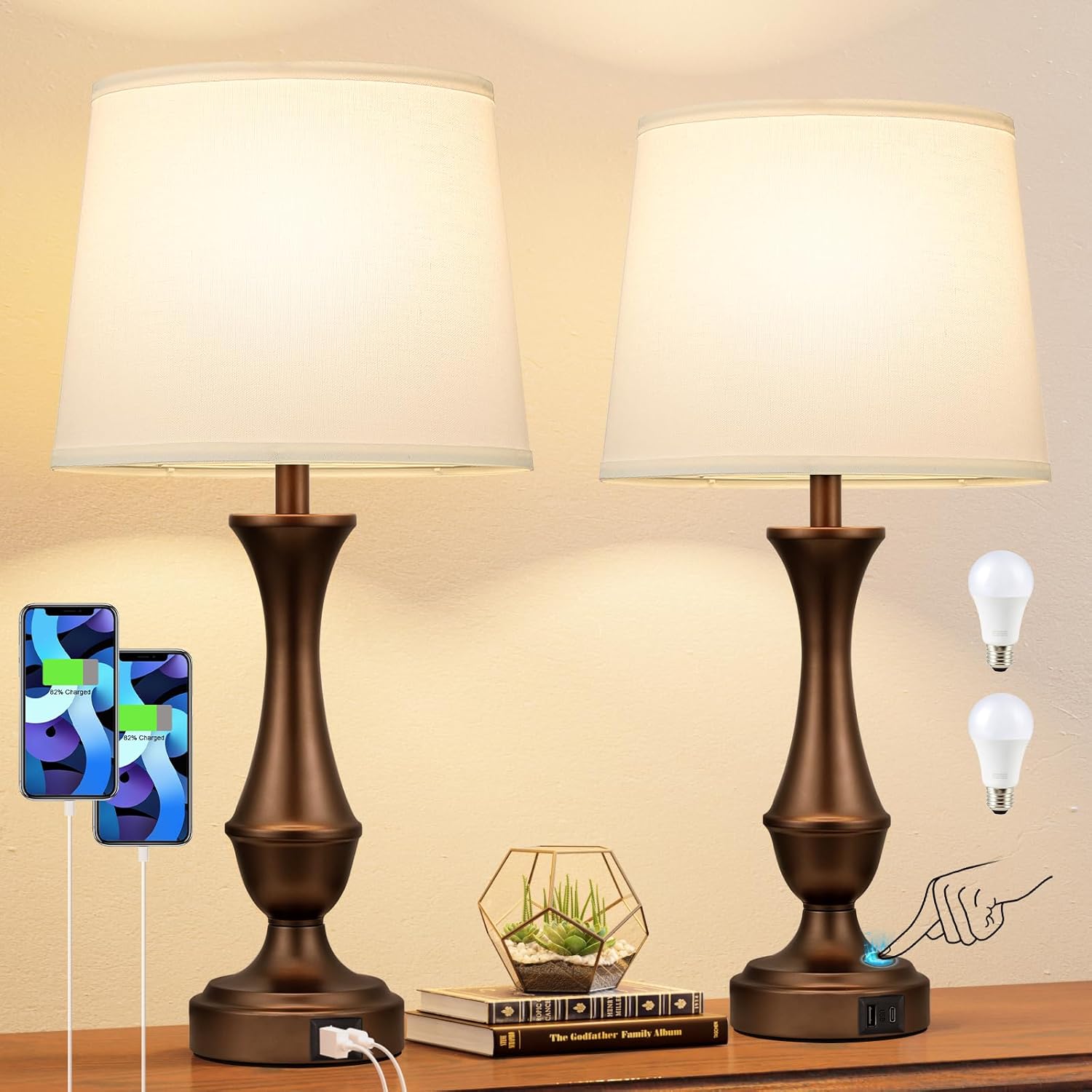 Upgraded Touch Lamps for Night Stands Set of 2 - Bedside Lamps with USB C+A, 3 Way Dimmable for Bedroom Living Room End Tables Office (White&Brown)