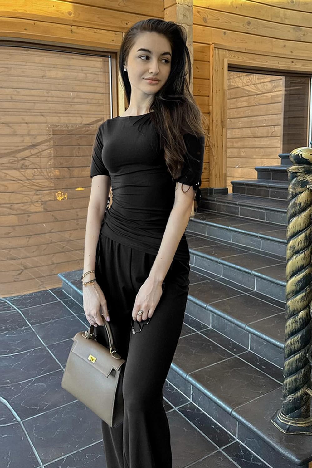 Asymmetrical women's 2 piece lounge sets short sleeve Outfits Comfy Loungewear Wide Leg Pants Casual summer Matching - Image 3