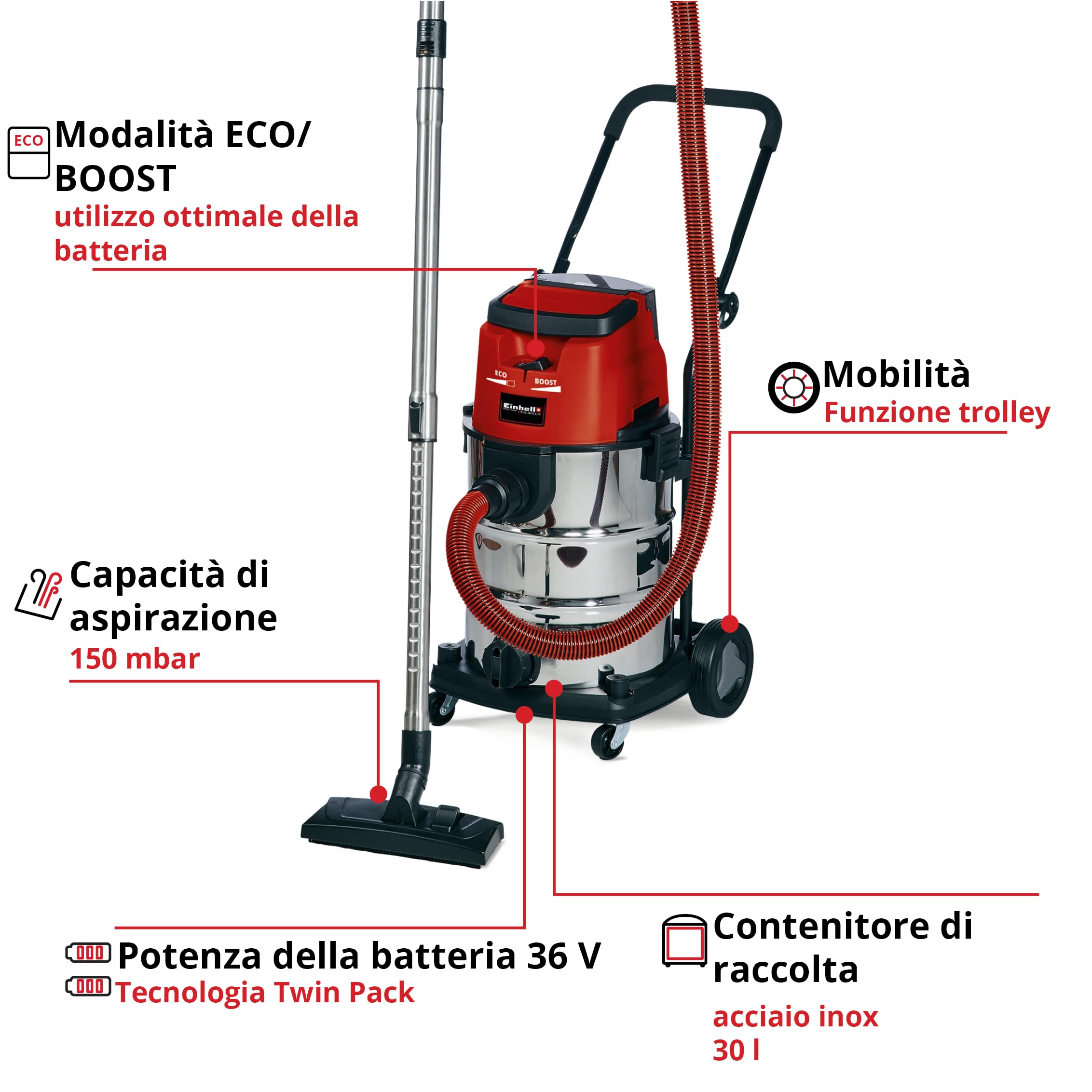 Einhell TE-VC 36/30 Li S-Solo Bidone aspira solidi e liquidi a batteria Power X-Change (36V - 2x18V, vano 30 L, depressione 150 mbar, tubo flessibile 250 cm, senza batteria e caricabatteria)