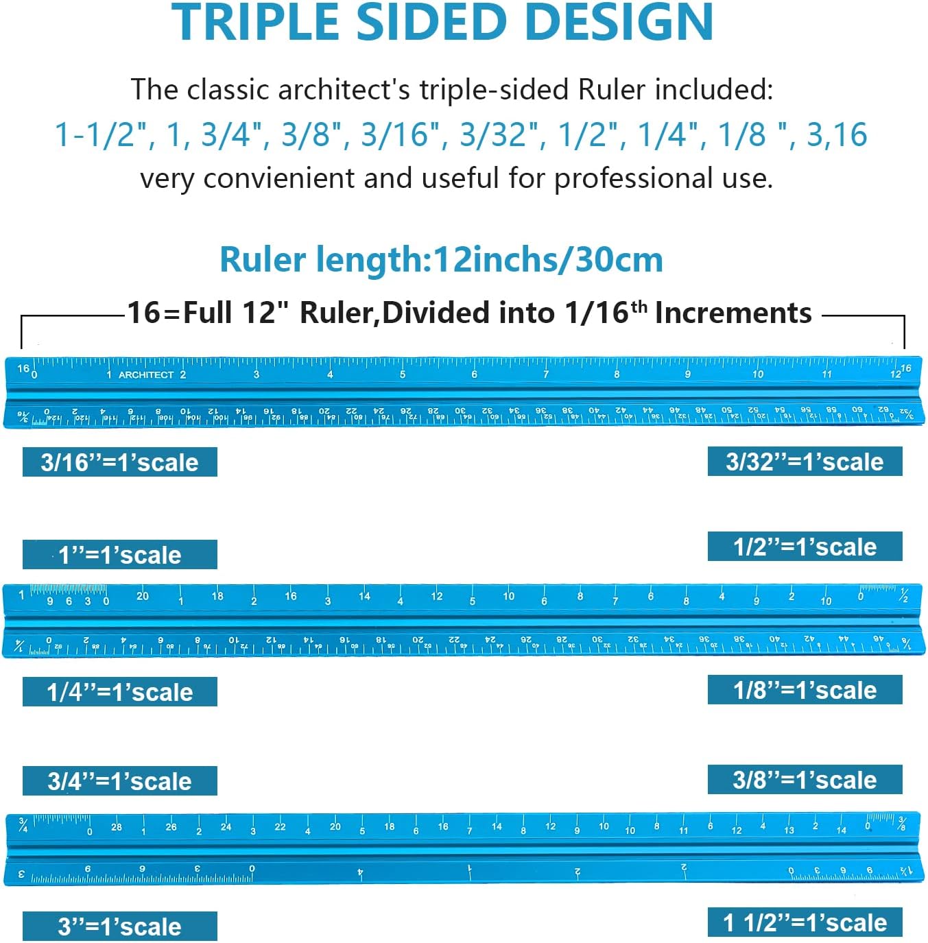 Architectural Scale Ruler, Imperial Measurements 12'', Laser-Etched Aluminum Architect Triangular Ruler for Architects, Students, Draftsman, and Engineers(Blue) : Office Products