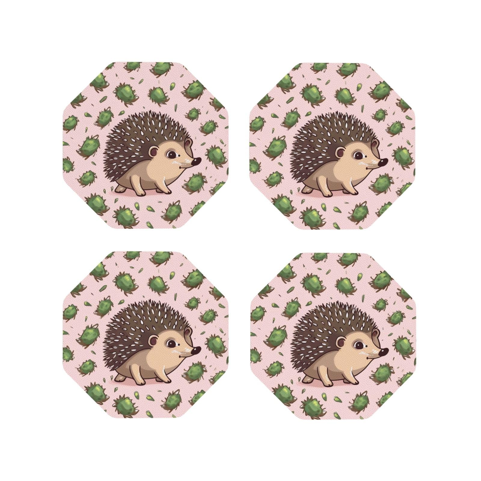 4pcs Drink Coasters for Tabletop Protection, 4" Leather Coasters for Drinks, Cartoon Hedgehog Cup Coasters for Coffee Table Decor, Non-Slip Drinking Cup Mat for Hot Or Cold Drink