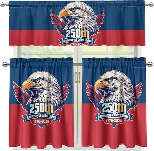 Miniatura 19 de Juego de 250 cortinas de cocina con bandera estadounidense para ventanas, fácil de instalar, cortinas cortas de 24 pulgadas con bolsillo para barra