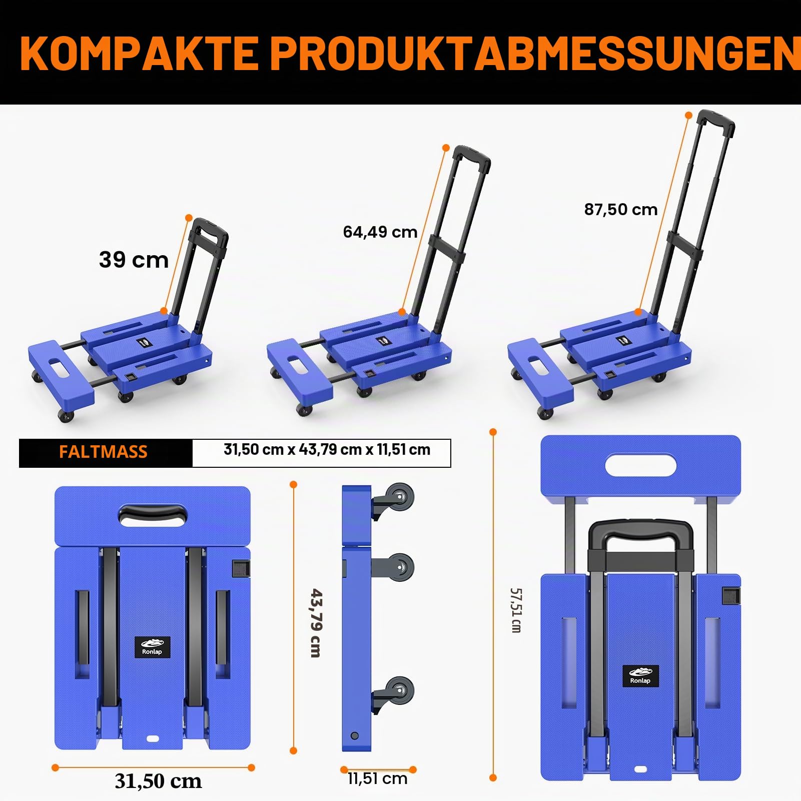 Ronlap Transportkarre Klappbar inkl. 2 Expanderseilen, Faltbar Transportwagen - Tragkraft 225KG Gepäckwagen Lagerwagen mit 6 Räder, Transporthilfer Blau