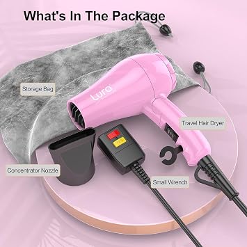Foldable Travel Hair Dreyr Mini:Dual Voltage Small Lightweight Blow Dryer for International Travel,1200w Compact Pink Hairdryer with Concentrator and Travel Bag(Hot Pink)