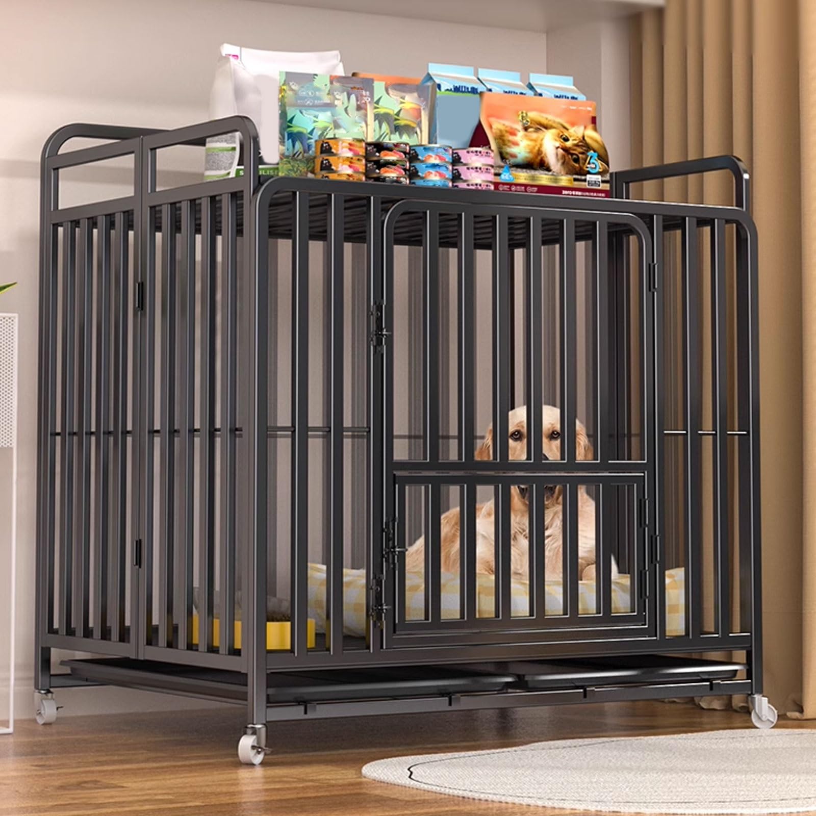 Trasportino Gabbia for Cani Da Interno Con Ruote Bloccabili E Serrature Stabili Realizzata in Metallo Design Pieghevole Cuccia Extra Large Scomparto Superiore(Black,110 * 72 * 91cm)