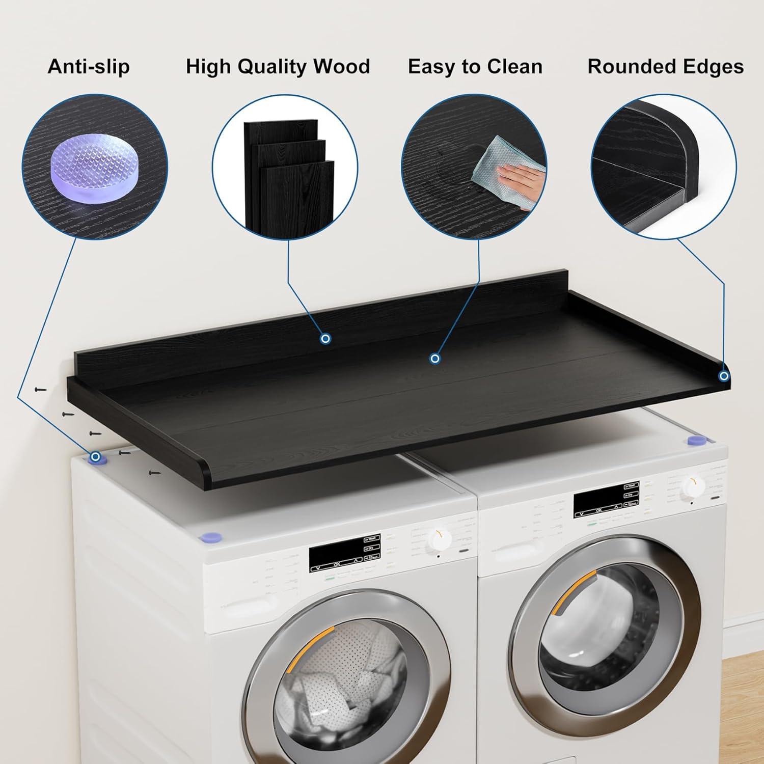 Washer Dryer Countertop, Laundry Countertop Over Wooden Washer and Dryer for The Top with Non-Slip Pads, Laundry Hamper Counter Storage Organization 54" W x 27.5" D (Black)